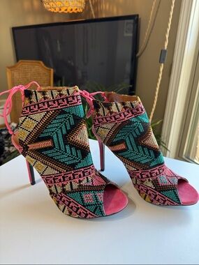 Shoe Republic LA Multicolor Aztec Open-Toe Lace-Up Heels